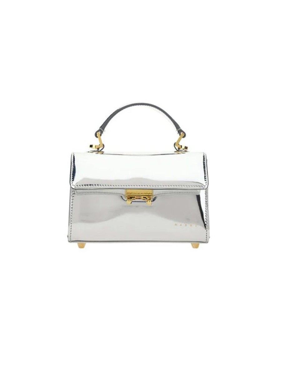 MARNI Metallic Top Handle Tote Bag In Silver