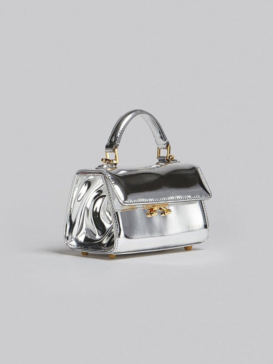 MARNI Metallic Top Handle Tote Bag In Silver