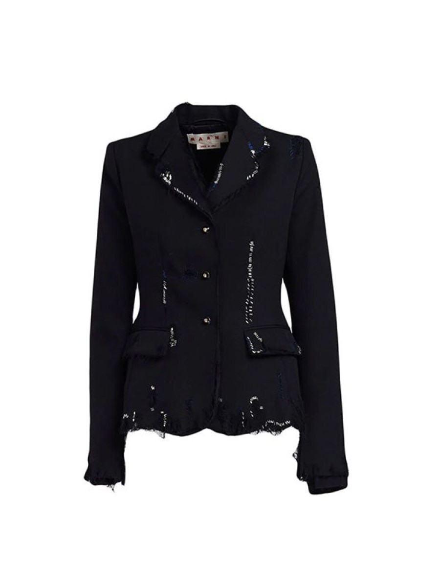 MARNI Black Fitted Wool Blazer With Embroidery