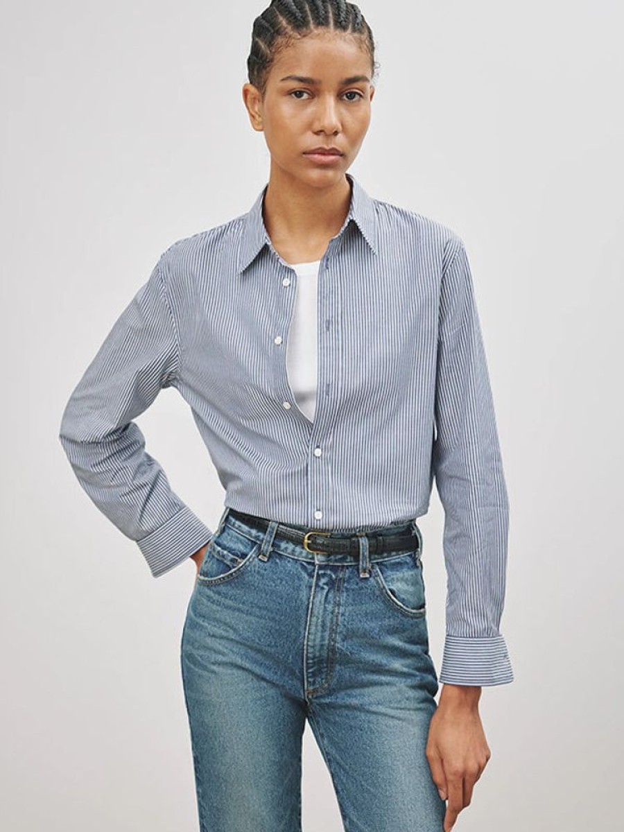 NILI LOTAN Raphael Classic Shirt In Navy/White Stripe