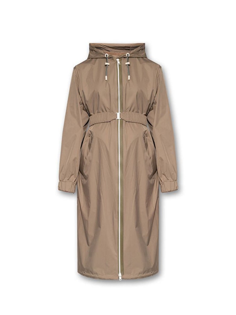 YVES SALOMON Long Belted Waterpoof Jacket In Mid Khaki