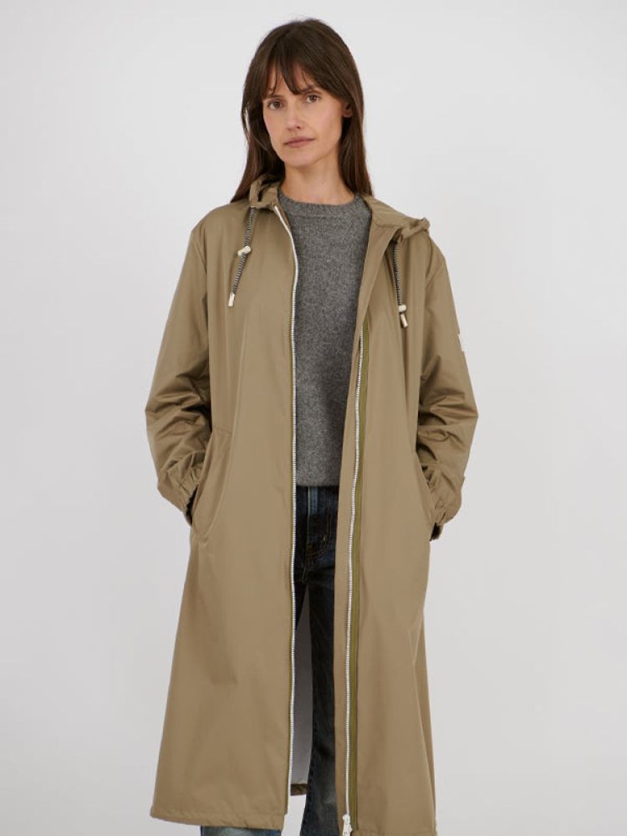 YVES SALOMON Long Belted Waterpoof Jacket In Mid Khaki