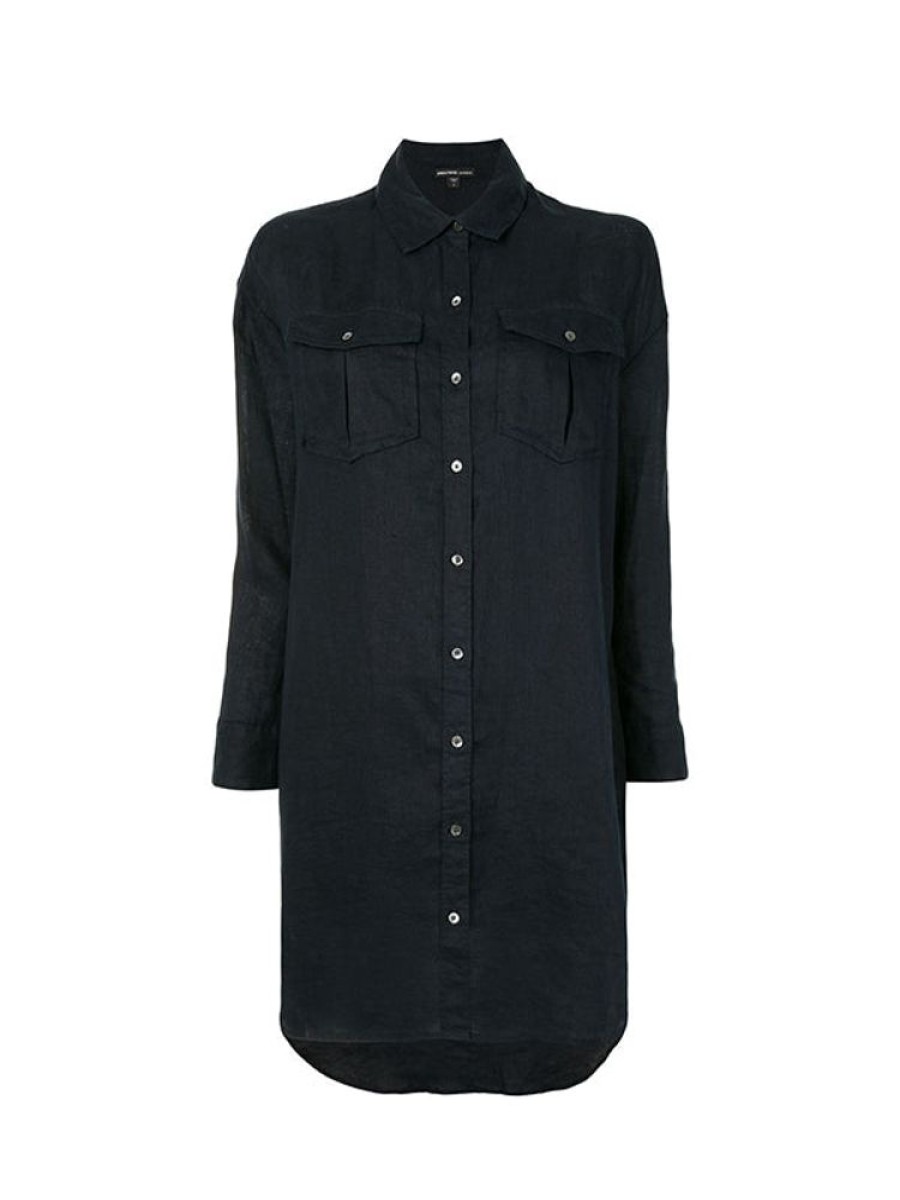 JAMES PERSE Military Linen Shirt Dress In French Navy