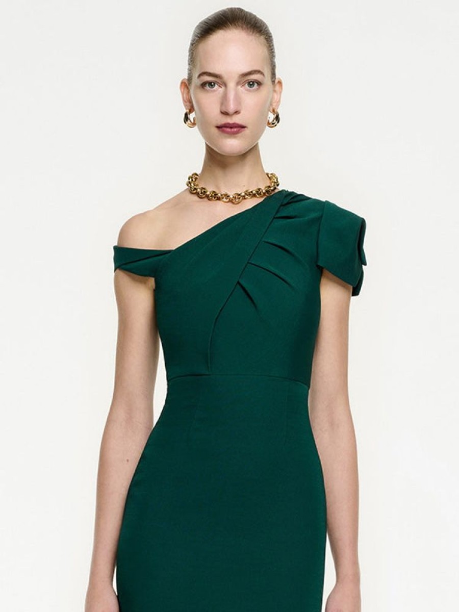 ROLAND MOURET Asymmetric Midi Dress In Green