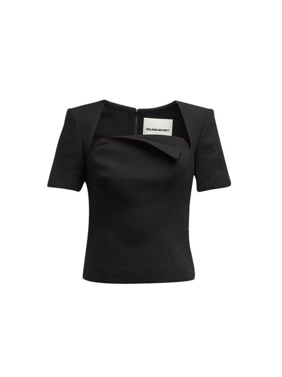 ROLAND MOURET Short Sleeve Wool Crepe Top In Black