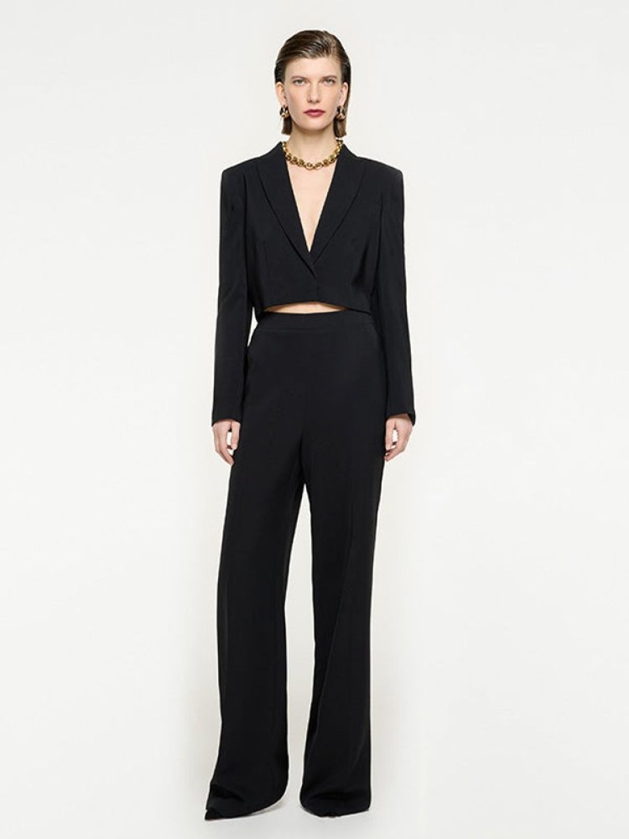 ROLAND MOURET Wide Leg Stretch Cady Trouser In Black