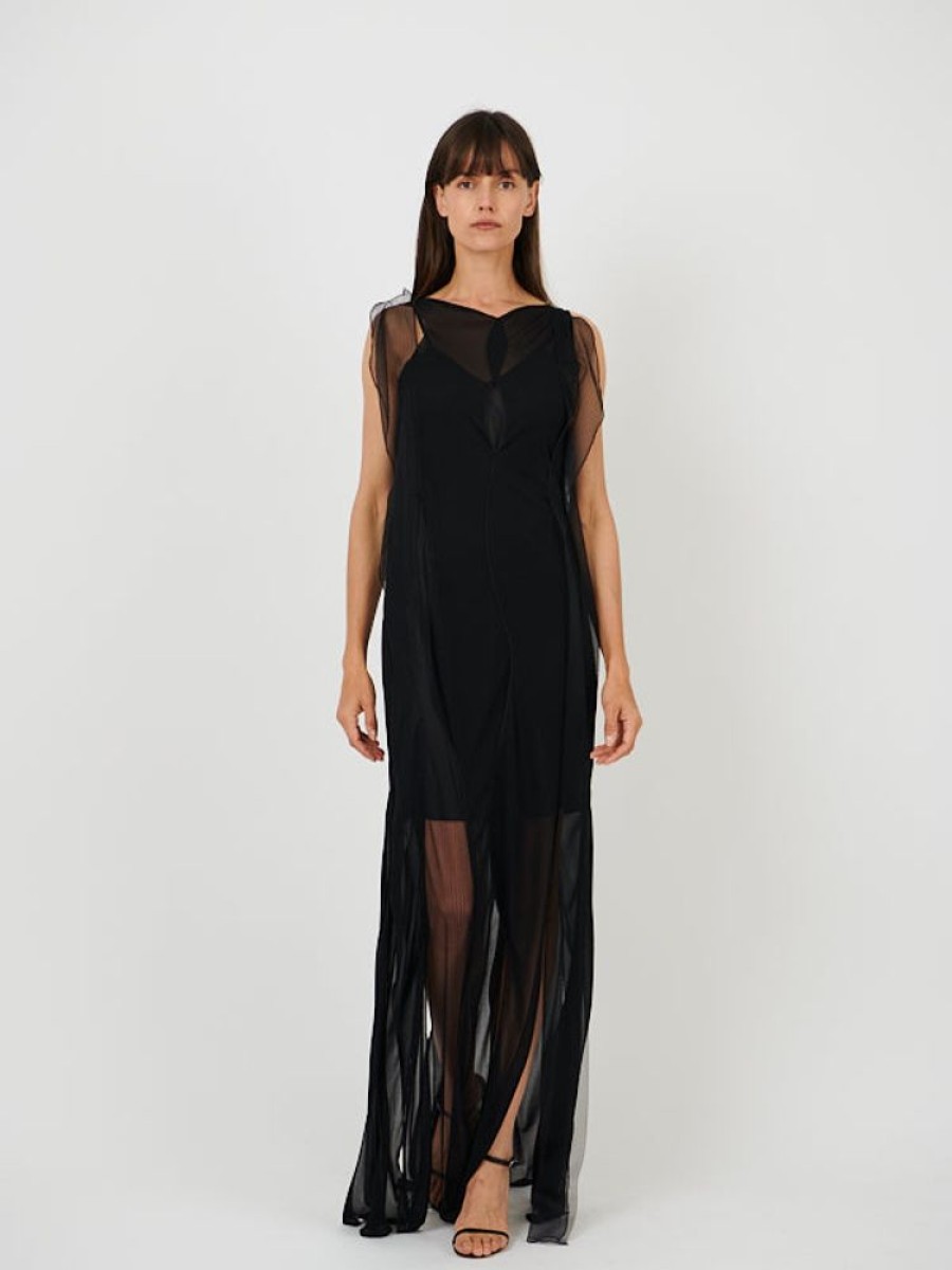 VICTORIA BECKHAM Sheer Wave Panel Floorlength Dress In Black