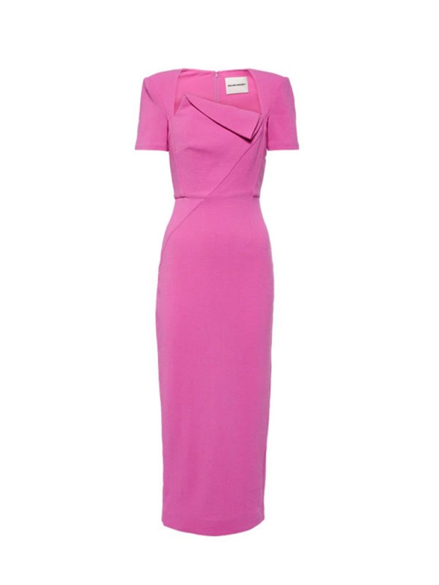 ROLAND MOURET Short Sleeve Crepe Midi Dress In Pink