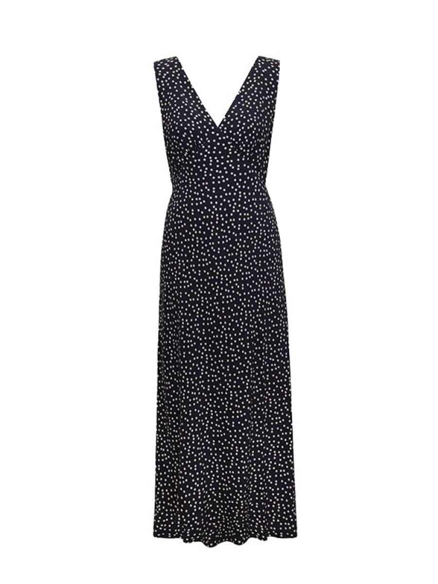 RIXO Sandrine Dress In Mini Navy Polka Dot