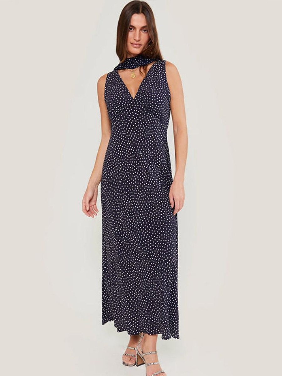 RIXO Sandrine Dress In Mini Navy Polka Dot