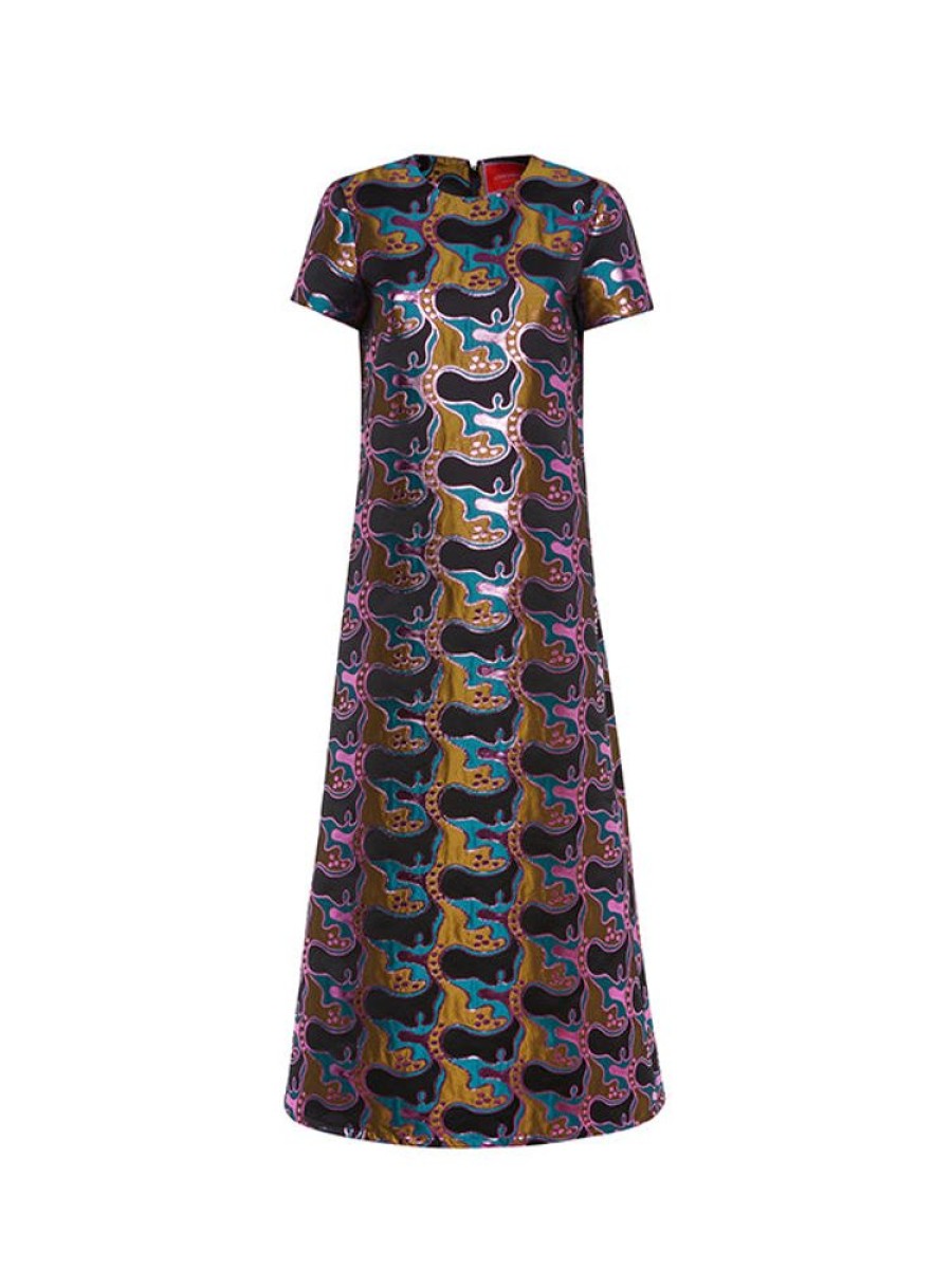 LA DOUBLEJ Swing Dress In Jacquard Spritz Blue Petrol