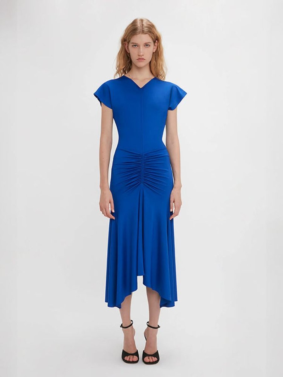 VICTORIA BECKHAM Sleeveless Rouched Jersey Dress In Royal Blue