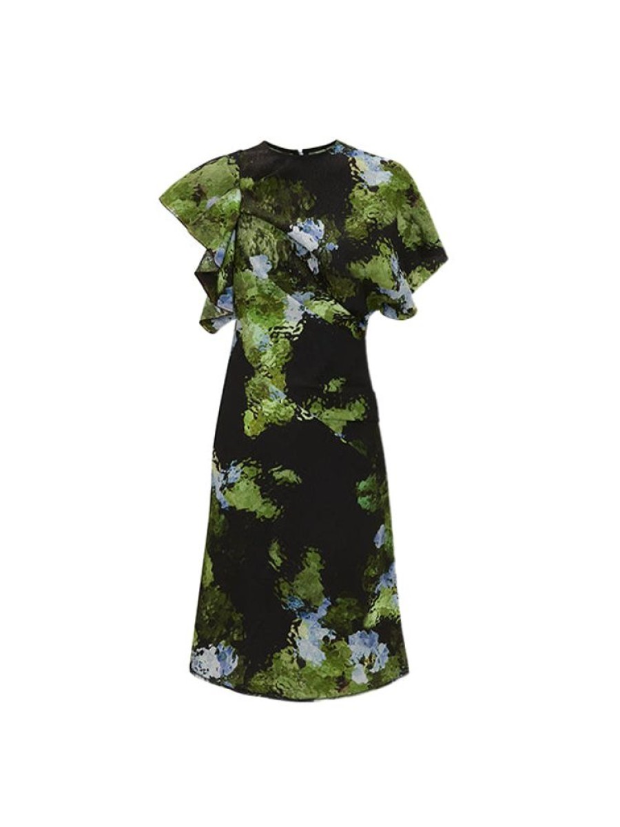 VICTORIA BECKHAM Twist Shoulder Dress In Black/Forest