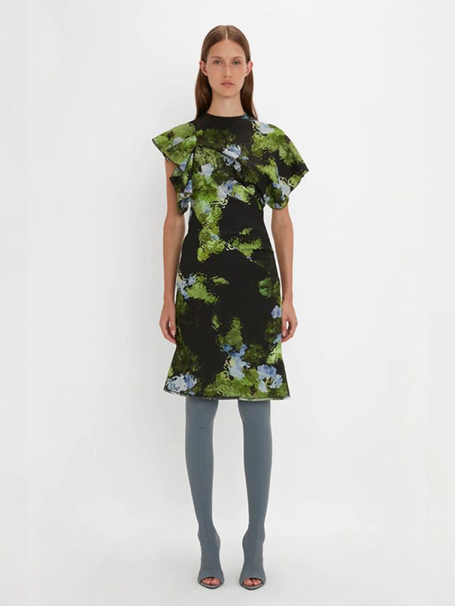 VICTORIA BECKHAM Twist Shoulder Dress In Black/Forest