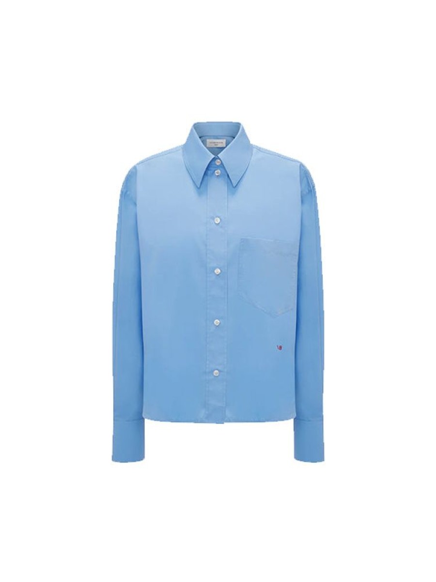 VICTORIA BECKHAM Cropped Long Sleeve Shirt In Oxford Blue