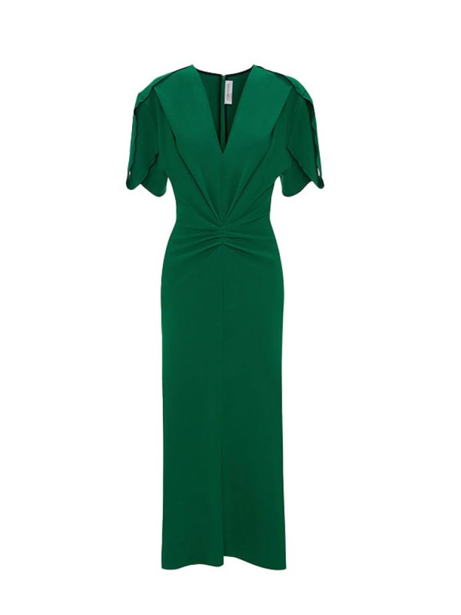 VICTORIA BECKHAM Gathered V-Neck Midi Dress In Viridian