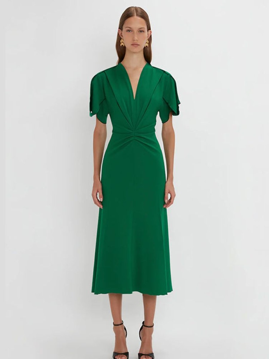 VICTORIA BECKHAM Gathered V-Neck Midi Dress In Viridian